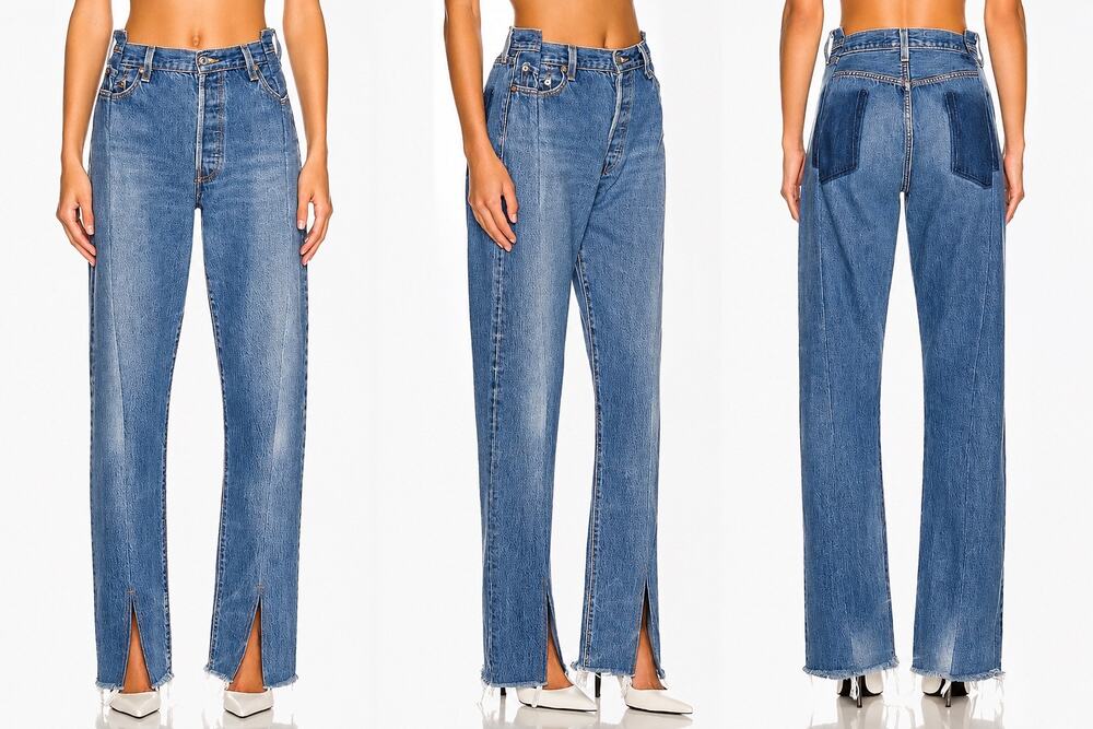 EB Denim Split Hem OG Replica Jeans 27 High Rise Ghost Pockets Medium Wash